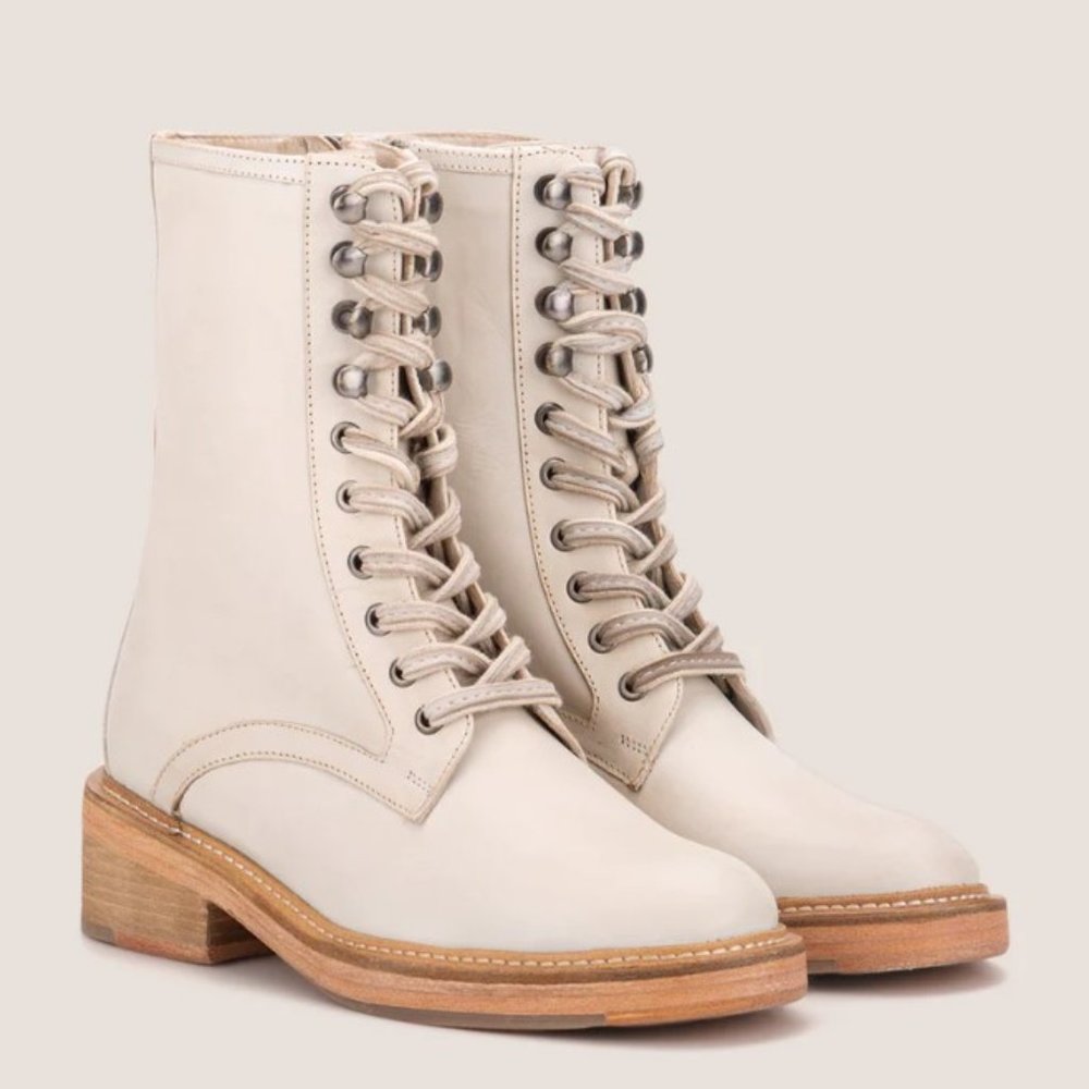 Tan and Cream Combat Moto Boots with Lace-Up Design
